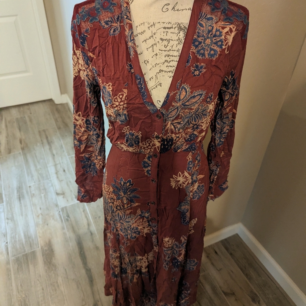 Free People Maxi Dress Floral V-Neck Maxi Dress Size 4 Long Sleeve - Picture 4 of 4